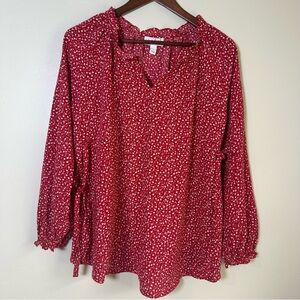 Ingrid & Isabel Red Floral Print Smocked Neck Long Sleeve Blouse Top Size S